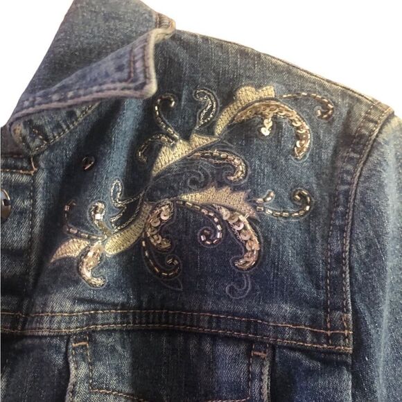 Tahari Navy Blue Cotton Denim Beaded Embellished Jean Jacket Customized - Picture 4 of 9